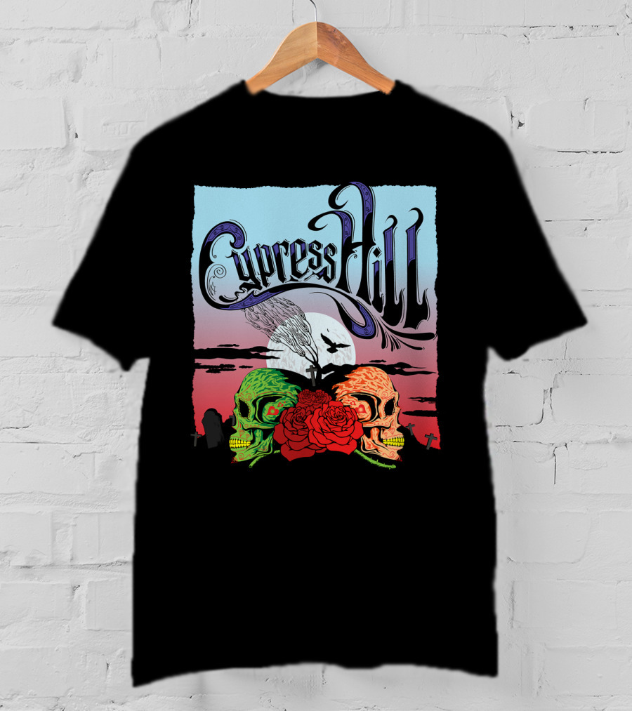 Cypress Hill Two Skulls And Roses With Moon And Raven T-Shirt