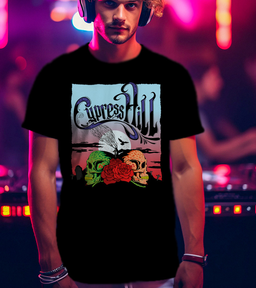 Cypress Hill Two Skulls And Roses With Moon And Raven T-Shirt