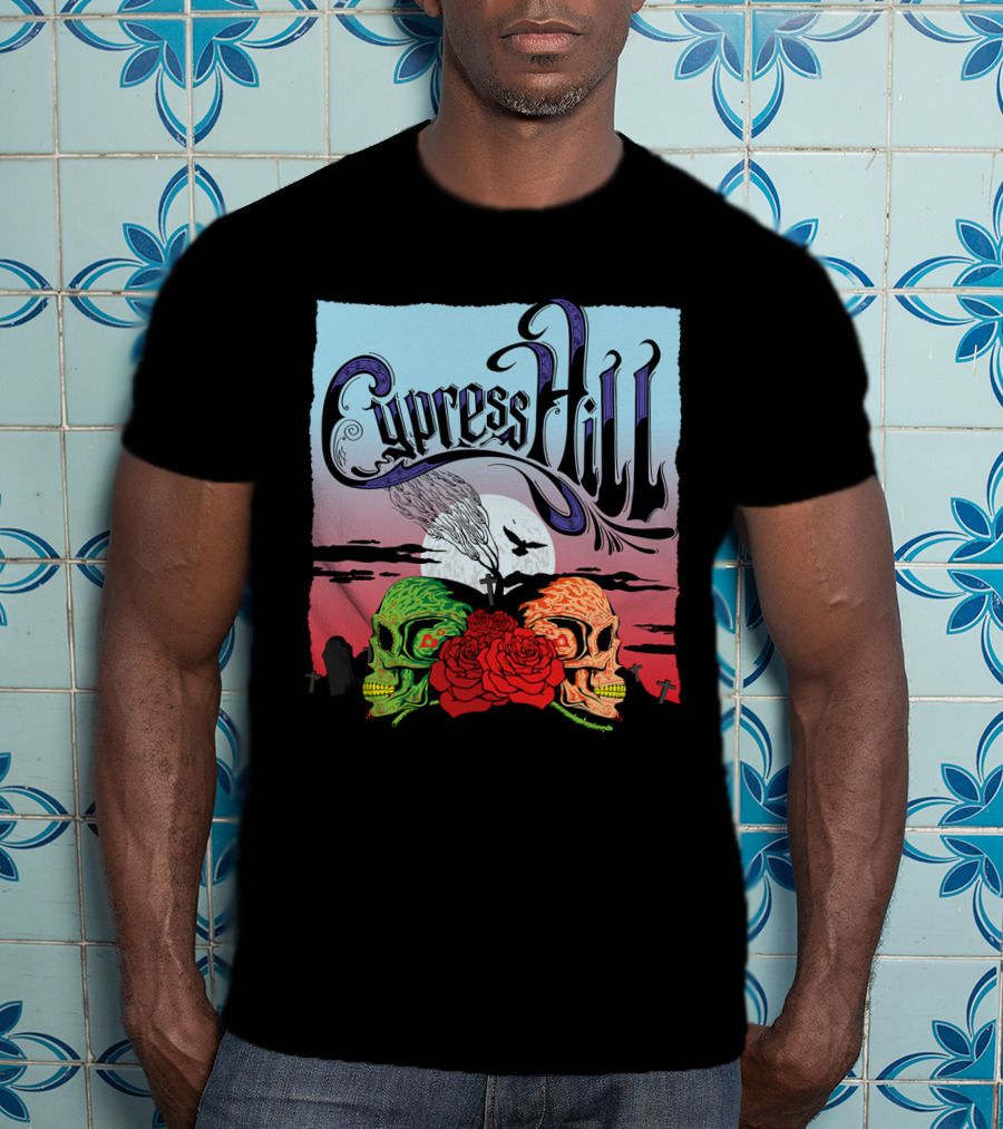 Cypress Hill Two Skulls And Roses With Moon And Raven T-Shirt