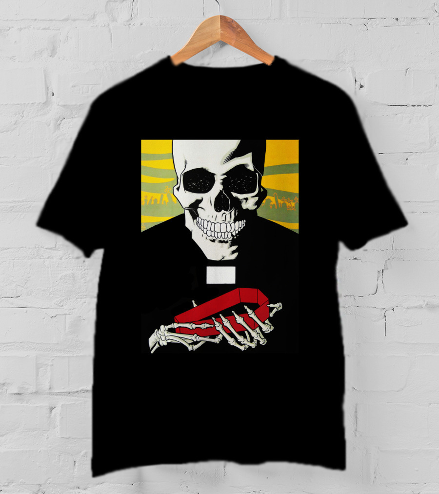 Bold Skeleton With Red Coffin On Striped Yellow T-Shirt