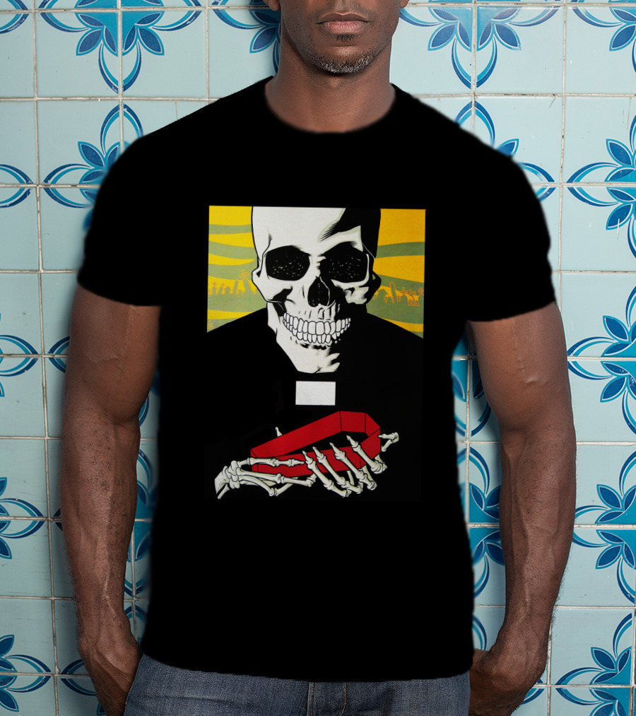 Bold Skeleton With Red Coffin On Striped Yellow T-Shirt