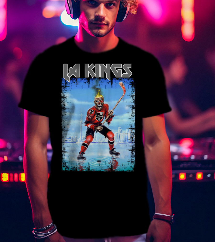 La Kings Fiery Hockey Player With Skyscraper T-Shirt