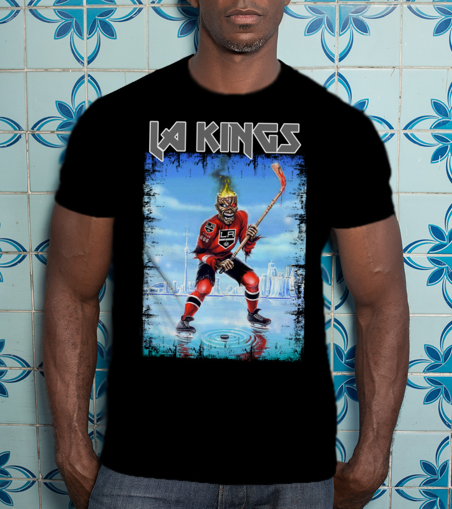 La Kings Fiery Hockey Player With Skyscraper T-Shirt