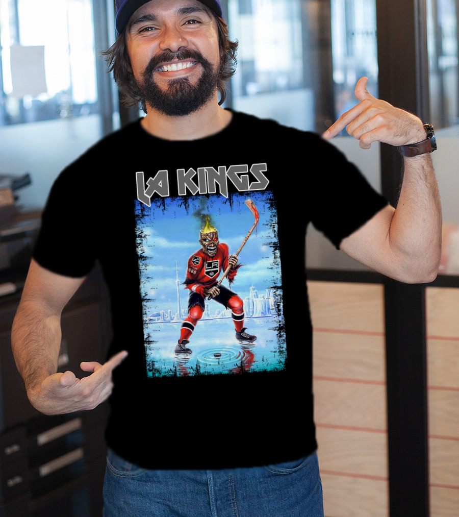 La Kings Fiery Hockey Player With Skyscraper T-Shirt