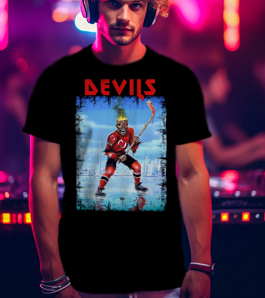 New Jersey Devils Hockey Fiery Demon Skater 666 City Skyline T-Shirt