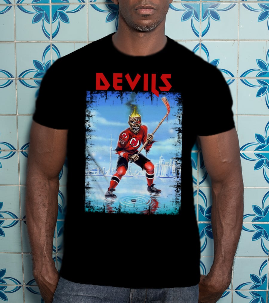 New Jersey Devils Hockey Fiery Demon Skater 666 City Skyline T-Shirt