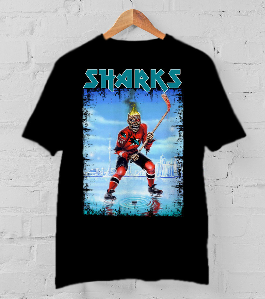 Sharks Hockey Fiery Skeleton Player On Ice T-Shirt