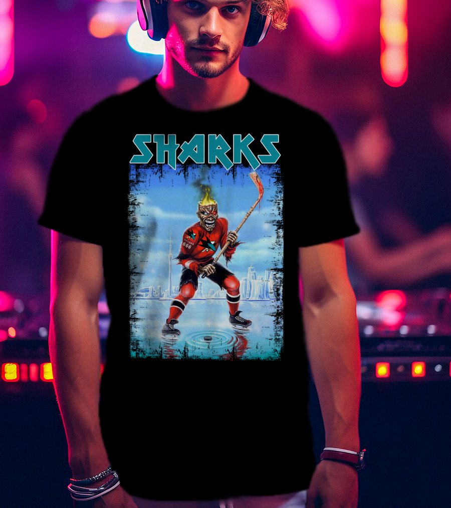 Sharks Hockey Fiery Skeleton Player On Ice T-Shirt