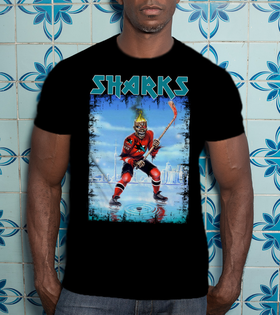 Sharks Hockey Fiery Skeleton Player On Ice T-Shirt