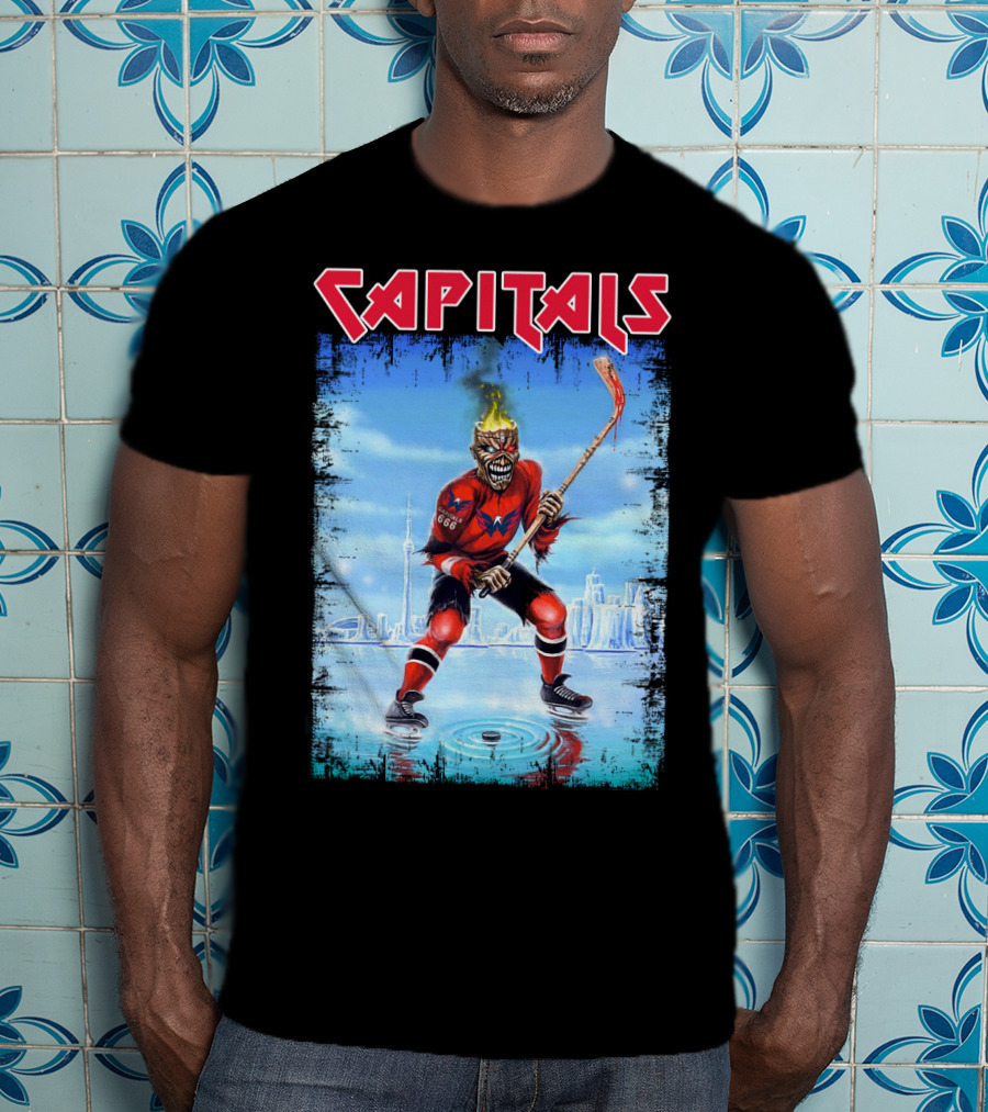 Capitals Hockey Player With Fiery Head And Hockey Stick On Ice With Cityscape T-Shirt
