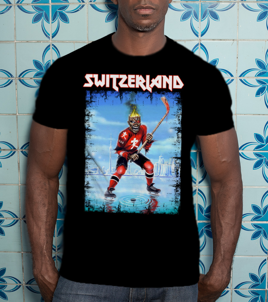 Switzerland Ice Hockey Skeleton With Flaming Head And Hockey Stick 666 Red Uniform Urban Ice Rink T-Shirt
