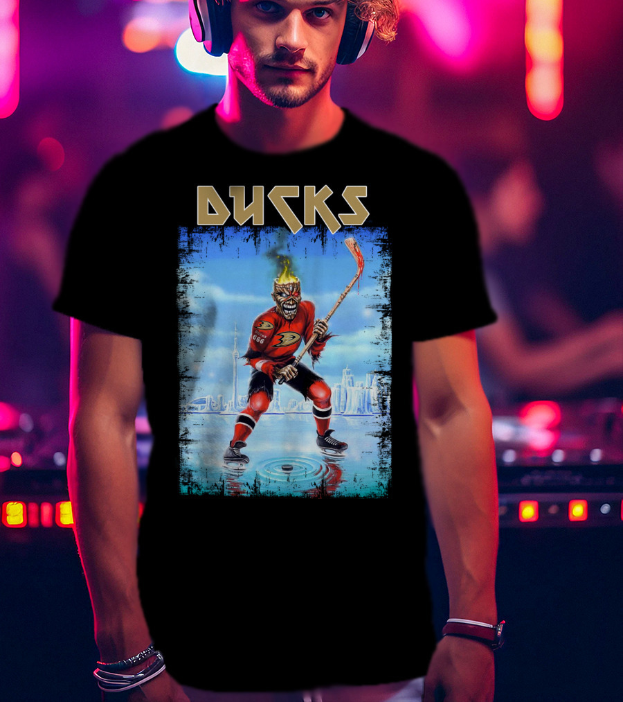 Ducks Hockey Player With Skeleton Face And Flaming Hair In Red Jersey T-Shirt
