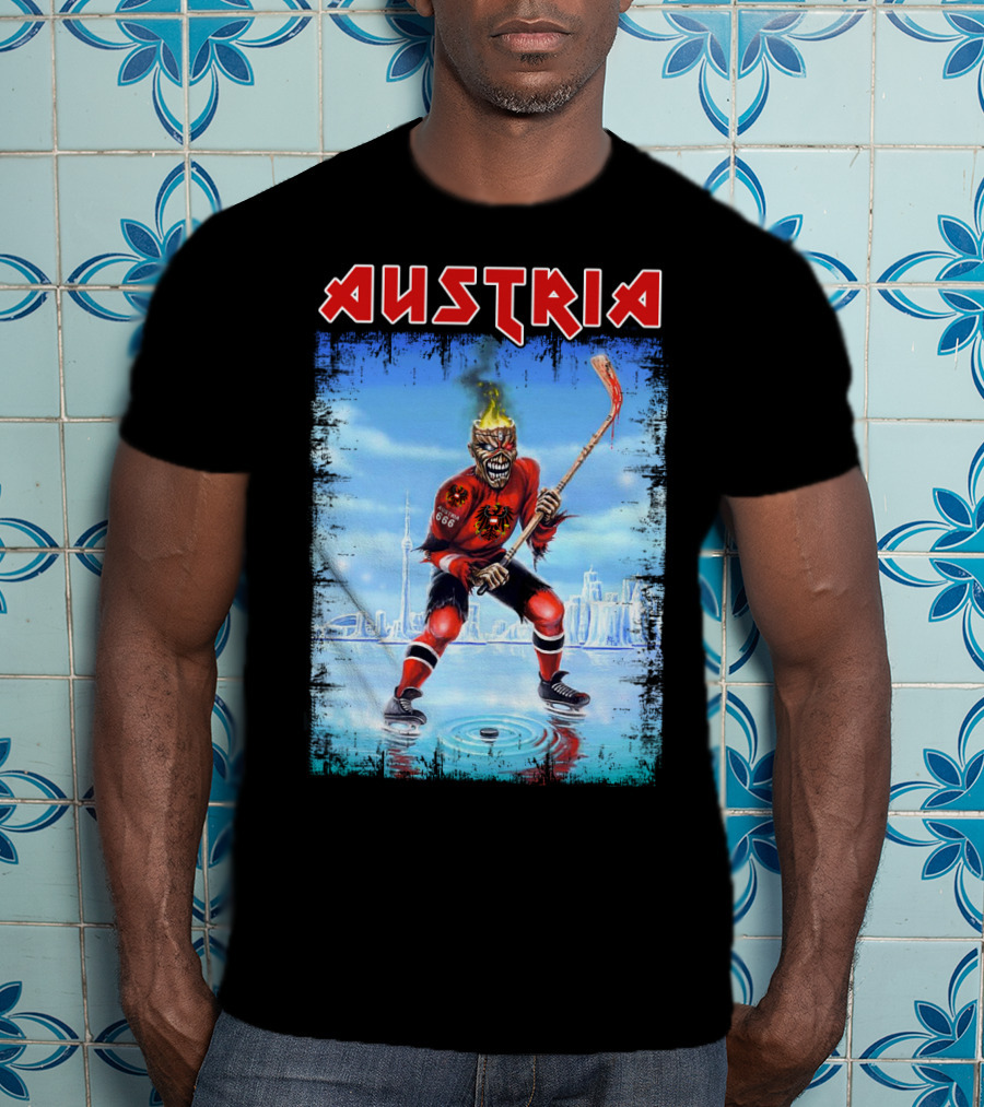 Austria Hockey Skeleton With Red And Black Flames And Vienna Skyline T-Shirt