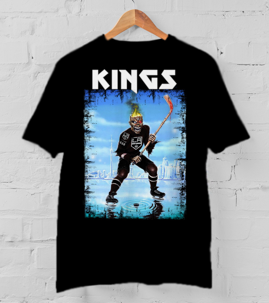 Kings Los Angeles Hockey Fiery Skull Player Ice Skating Scene T-Shirt