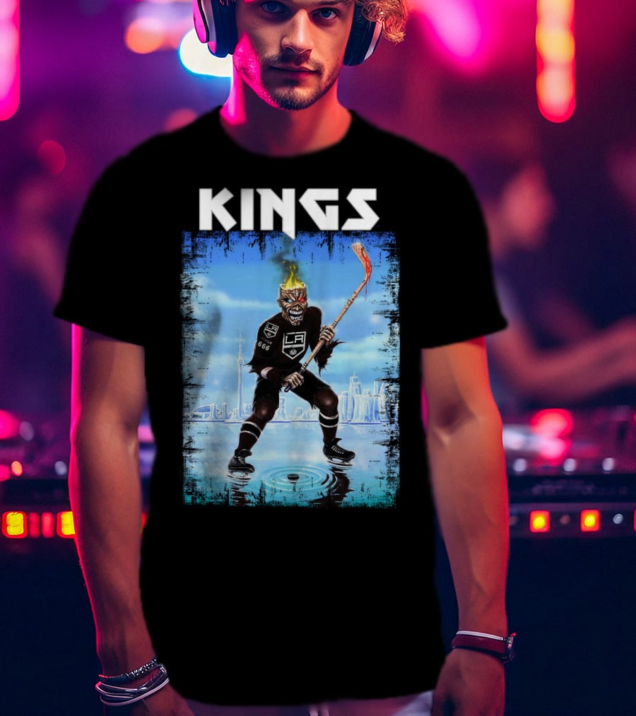 Kings Los Angeles Hockey Fiery Skull Player Ice Skating Scene T-Shirt