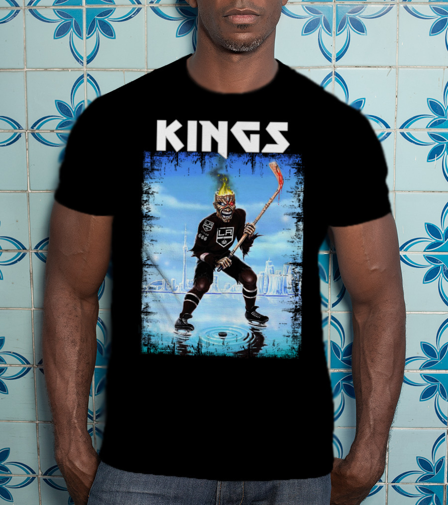 Kings Los Angeles Hockey Fiery Skull Player Ice Skating Scene T-Shirt