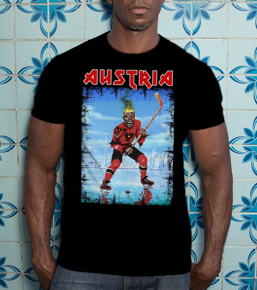 Austria Ice Hockey Burning Skull Fantasy Cityscape 666 Jersey T-Shirt