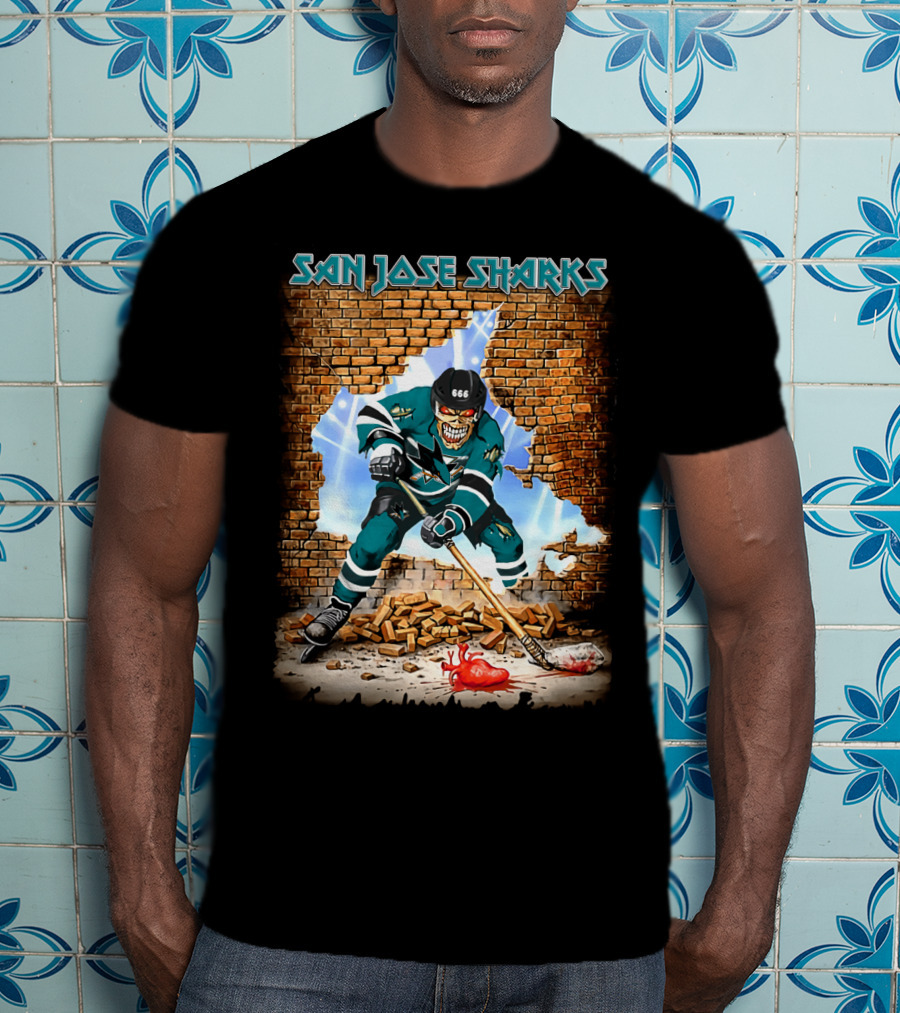 San Jose Sharks Skeleton Hockey Player Breaking Brick Wall T-Shirt