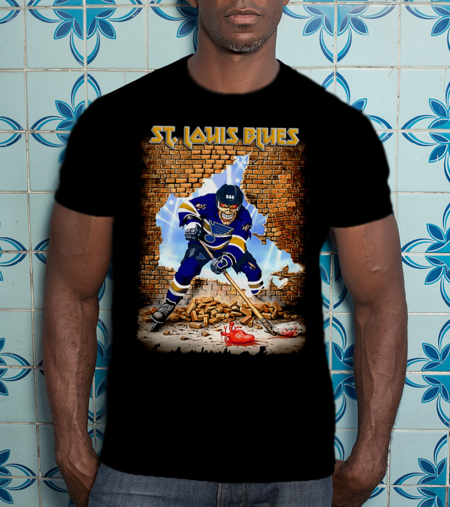 St. Louis Blues Hockey Skeleton Breaking Brick Wall T-Shirt