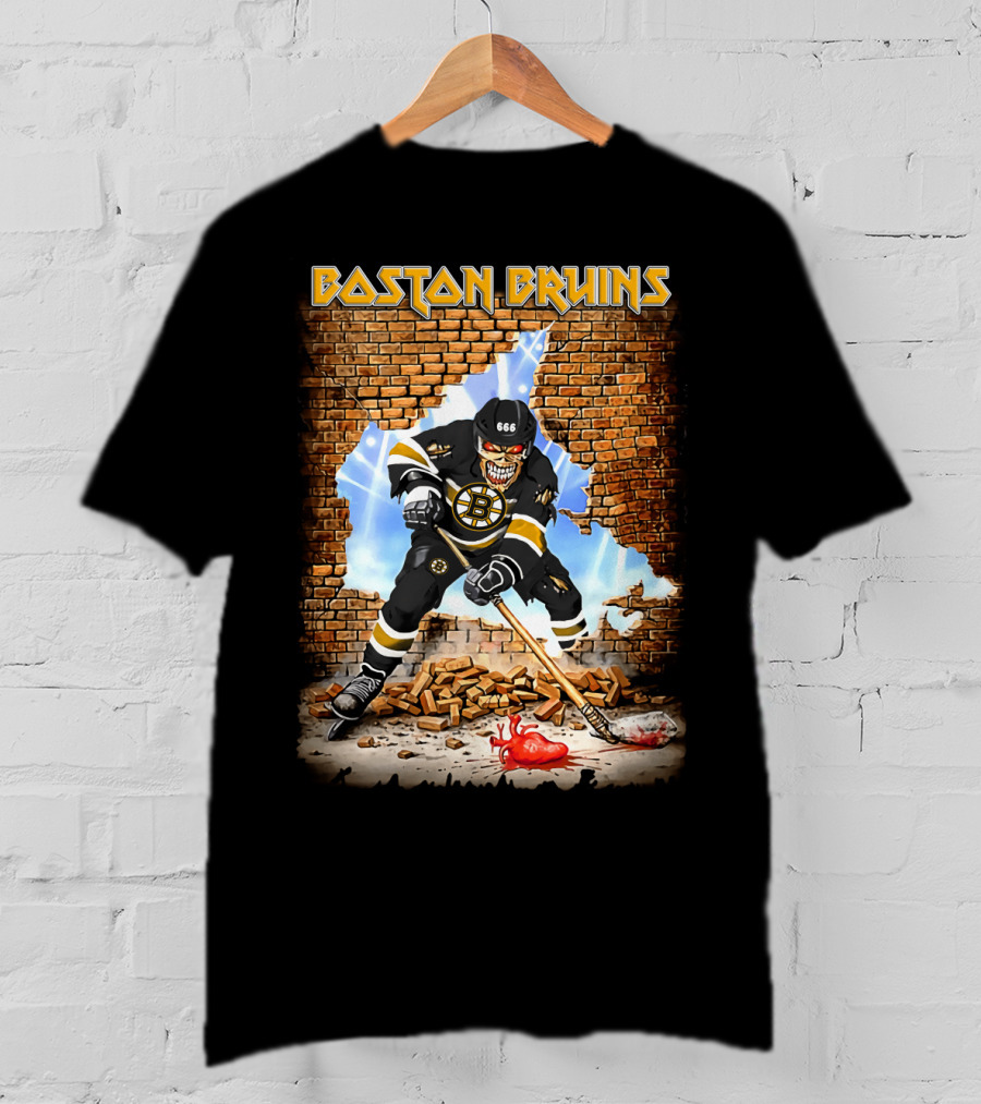 Boston Bruins Skeleton Hockey Player Breaking Through Wall T-Shirt