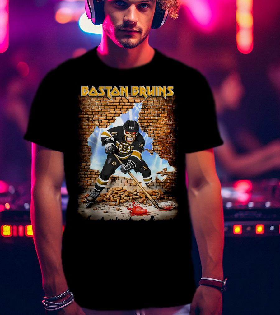 Boston Bruins Skeleton Hockey Player Breaking Through Wall T-Shirt