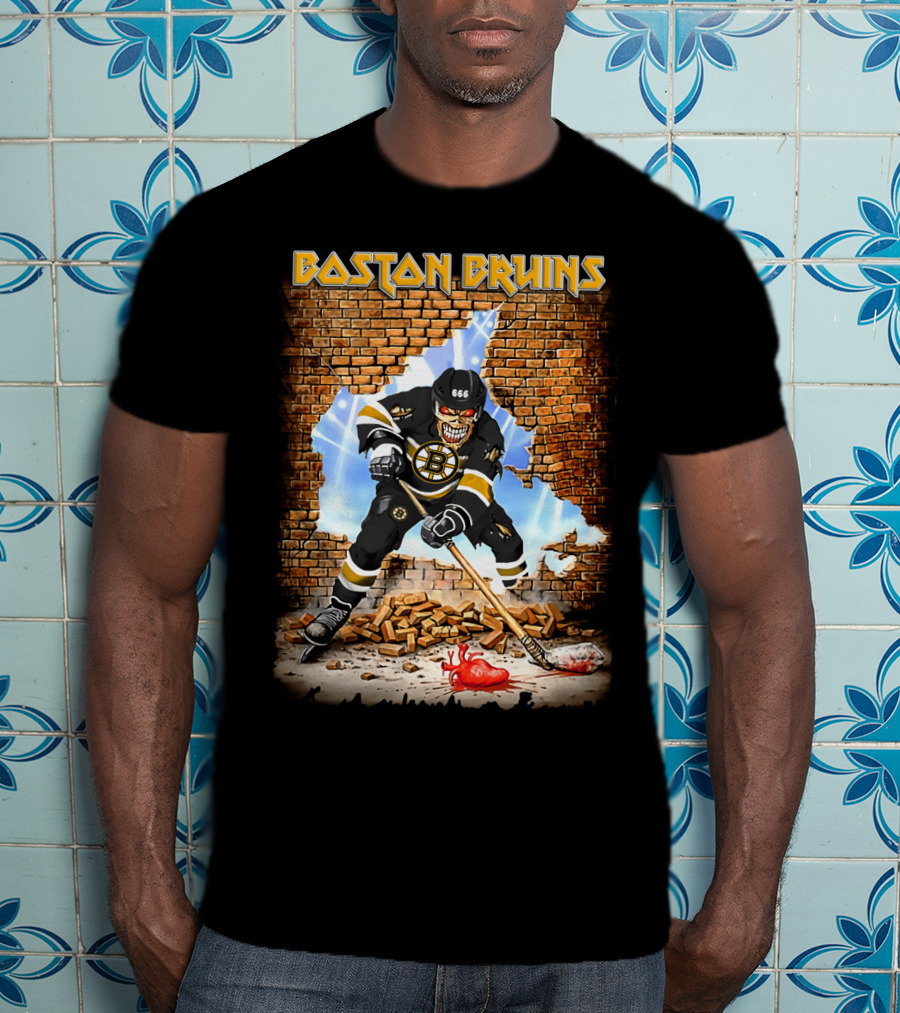 Boston Bruins Skeleton Hockey Player Breaking Through Wall T-Shirt