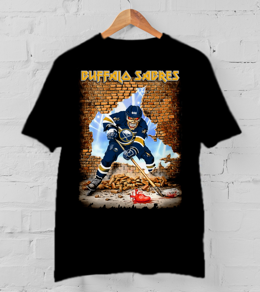 Buffalo Sabres Hockey Skeleton Breaking Wall With Puck And Heart T-Shirt