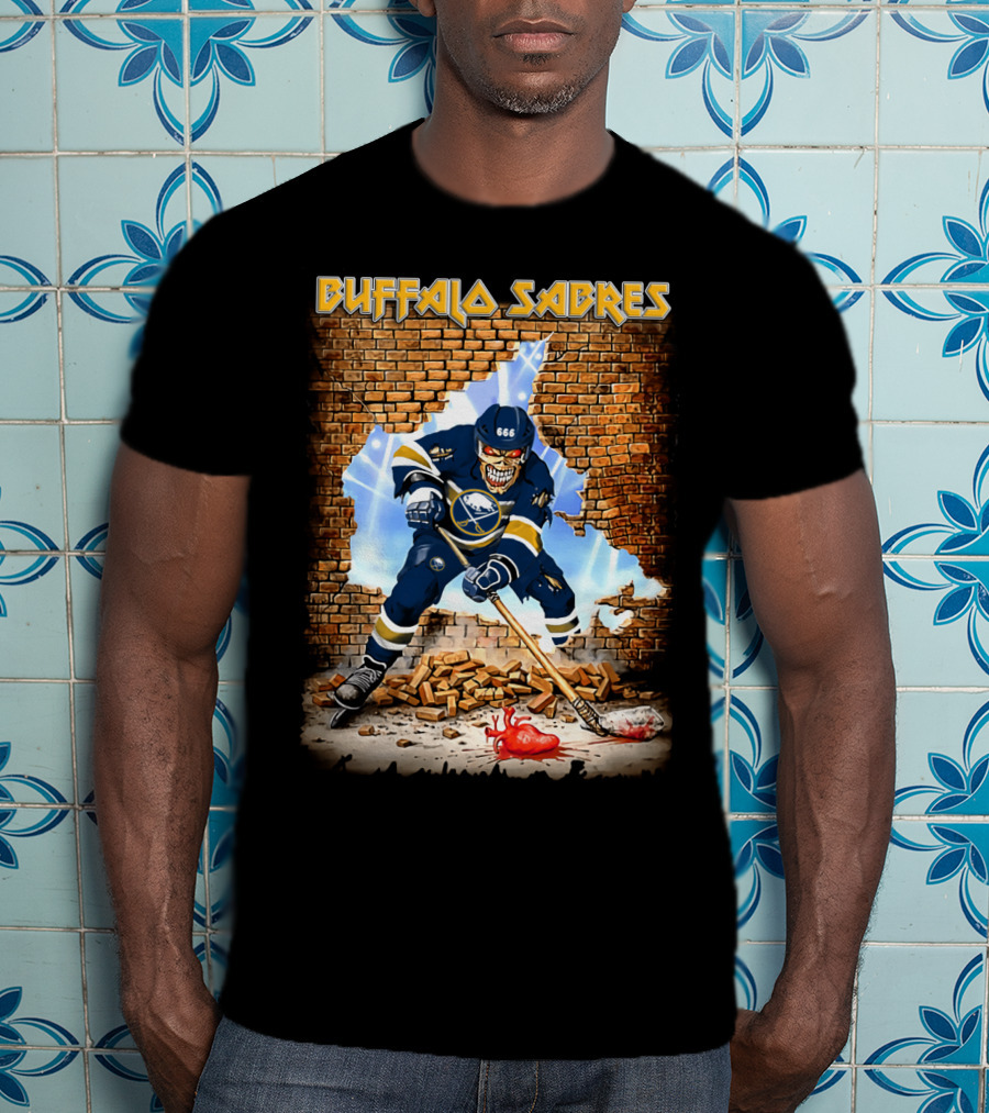 Buffalo Sabres Hockey Skeleton Breaking Wall With Puck And Heart T-Shirt