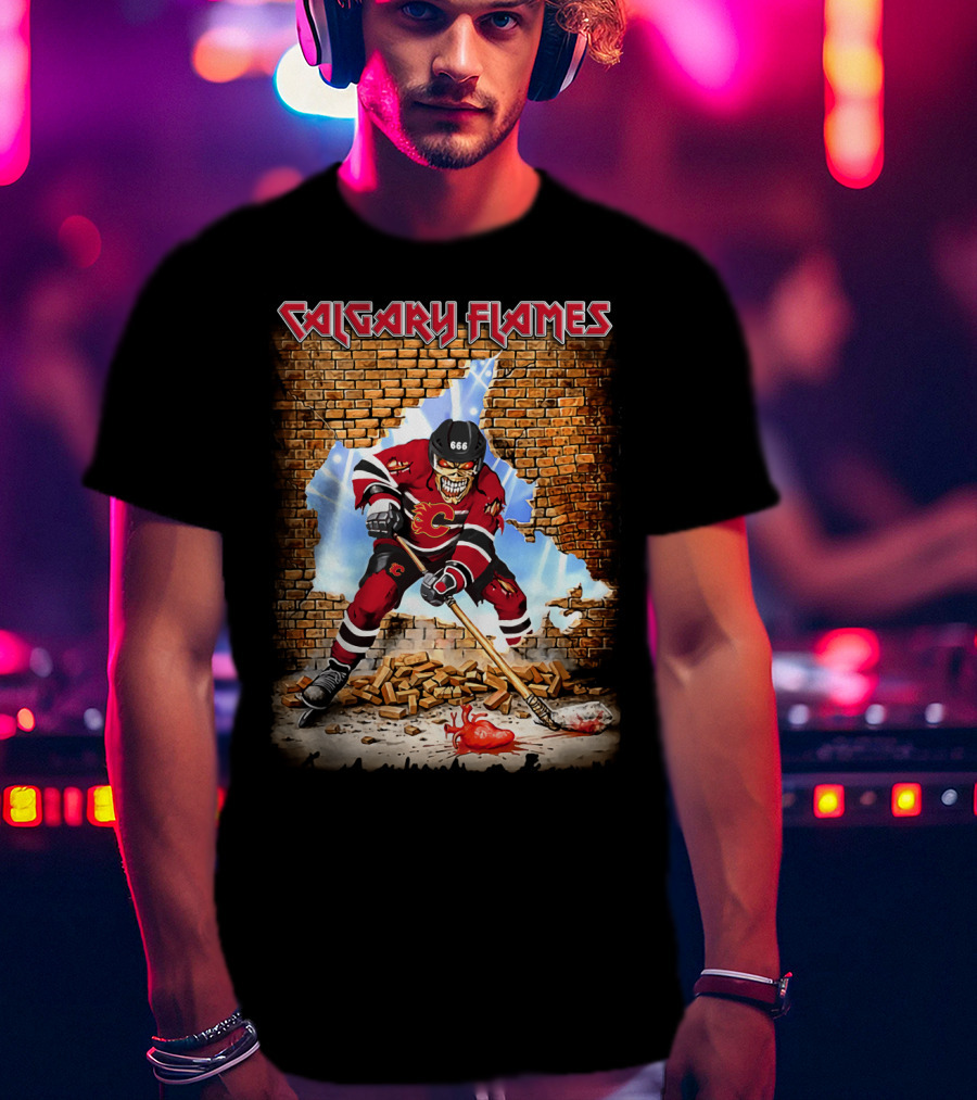 Calgary Flames Skeleton Hockey Player Breaking Through Wall T-Shirt
