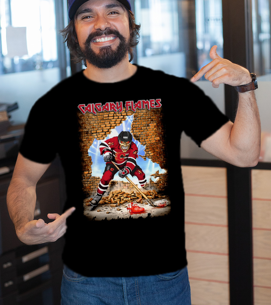 Calgary Flames Skeleton Hockey Player Breaking Through Wall T-Shirt
