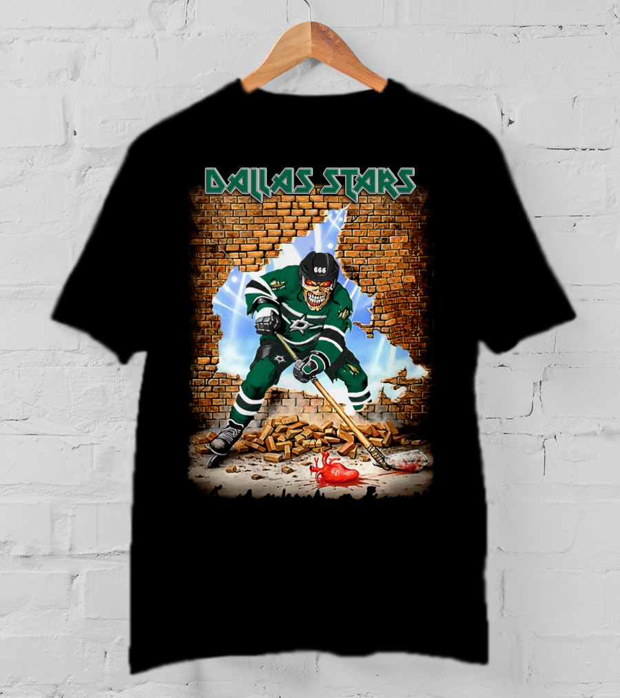 Dallas Stars Hockey Player Breaking Through Brick Wall With Skull Face And Hockey Stick T-Shirt