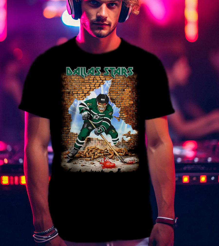 Dallas Stars Hockey Player Breaking Through Brick Wall With Skull Face And Hockey Stick T-Shirt