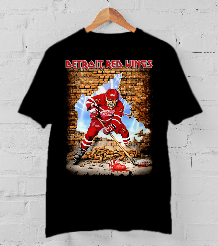 Detroit Red Wings Hockey Skeleton Brick Wall Breakthrough T-Shirt
