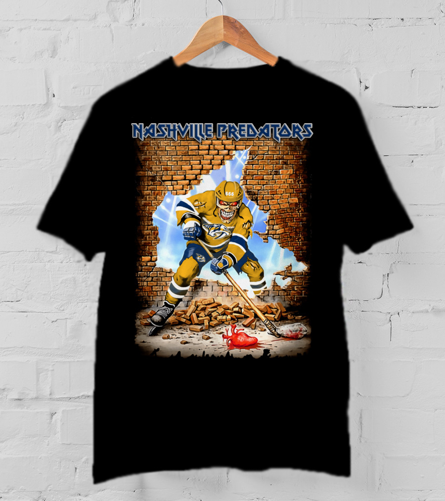 Nashville Predators Hockey Player Smashing Through Brick Wall With Heart And Lightning T-Shirt