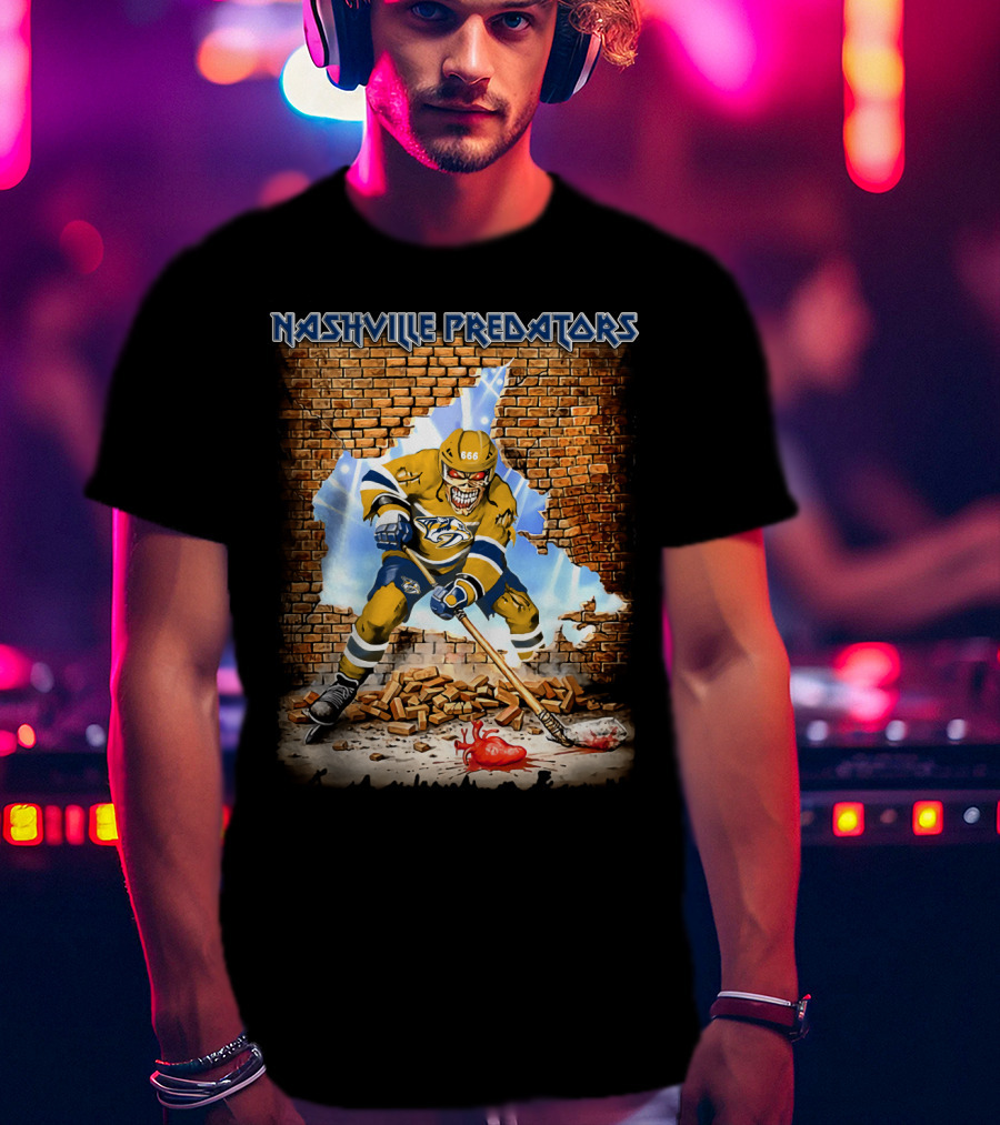 Nashville Predators Hockey Player Smashing Through Brick Wall With Heart And Lightning T-Shirt