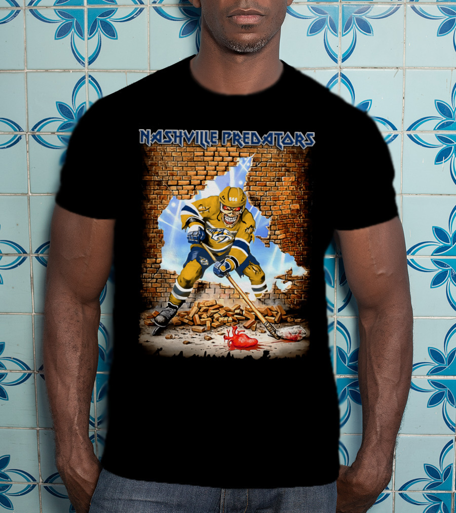 Nashville Predators Hockey Player Smashing Through Brick Wall With Heart And Lightning T-Shirt