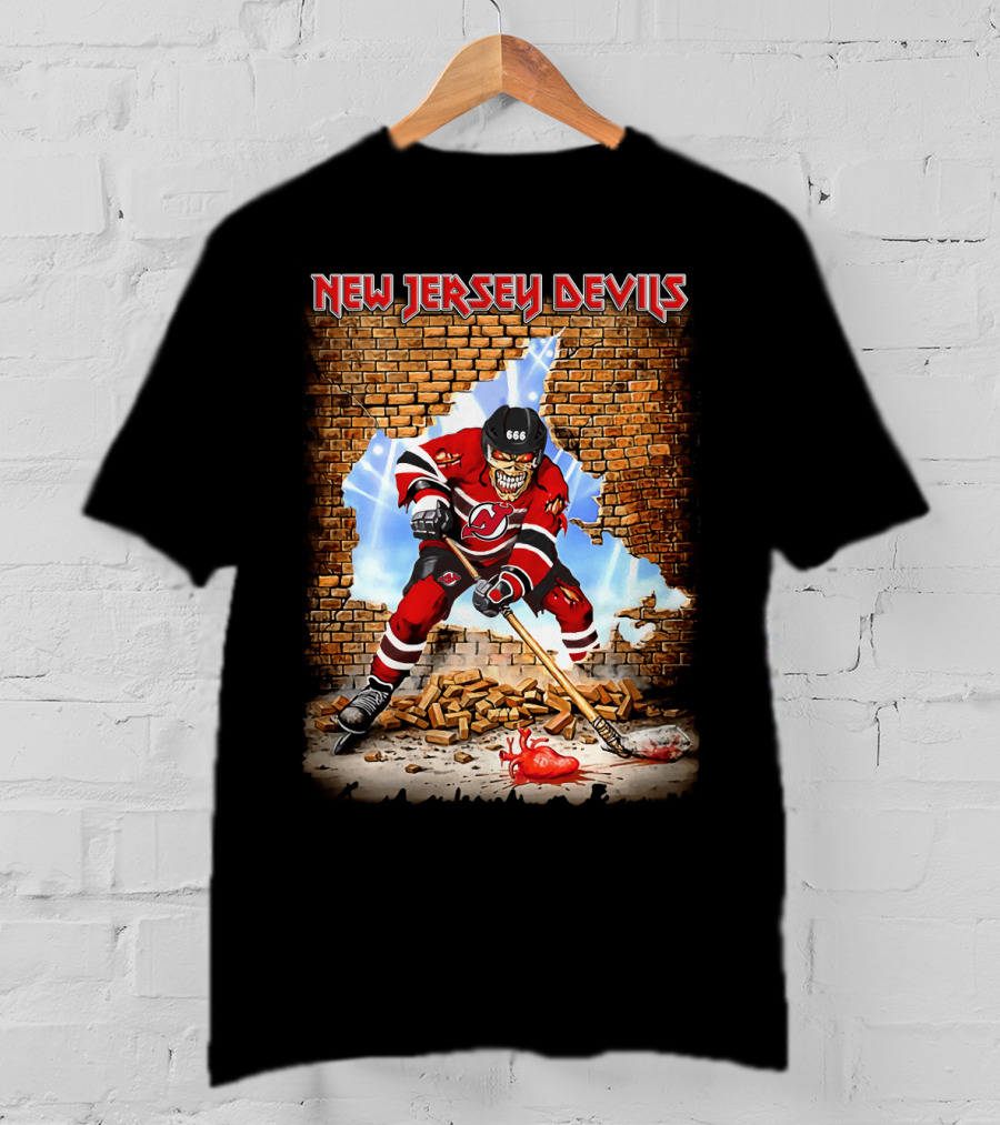 New Jersey Devils Hockey Skeleton Breaking Through Brick Wall T-Shirt