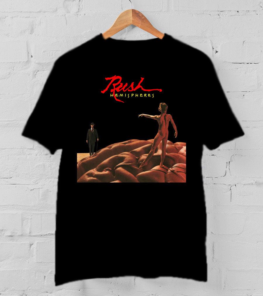 Rush Hemispheres Red Text Nude Figure On Brain With Man In Black Suit T-Shirt
