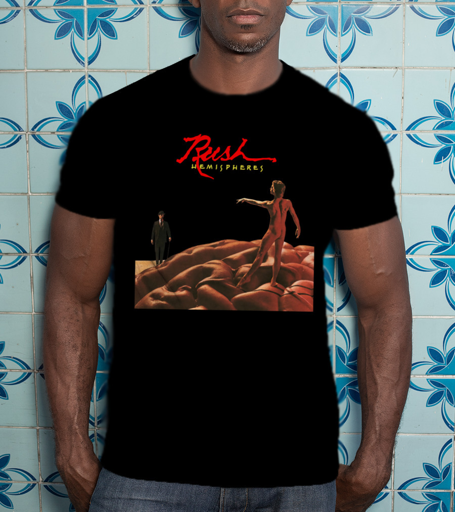 Rush Hemispheres Red Text Nude Figure On Brain With Man In Black Suit T-Shirt