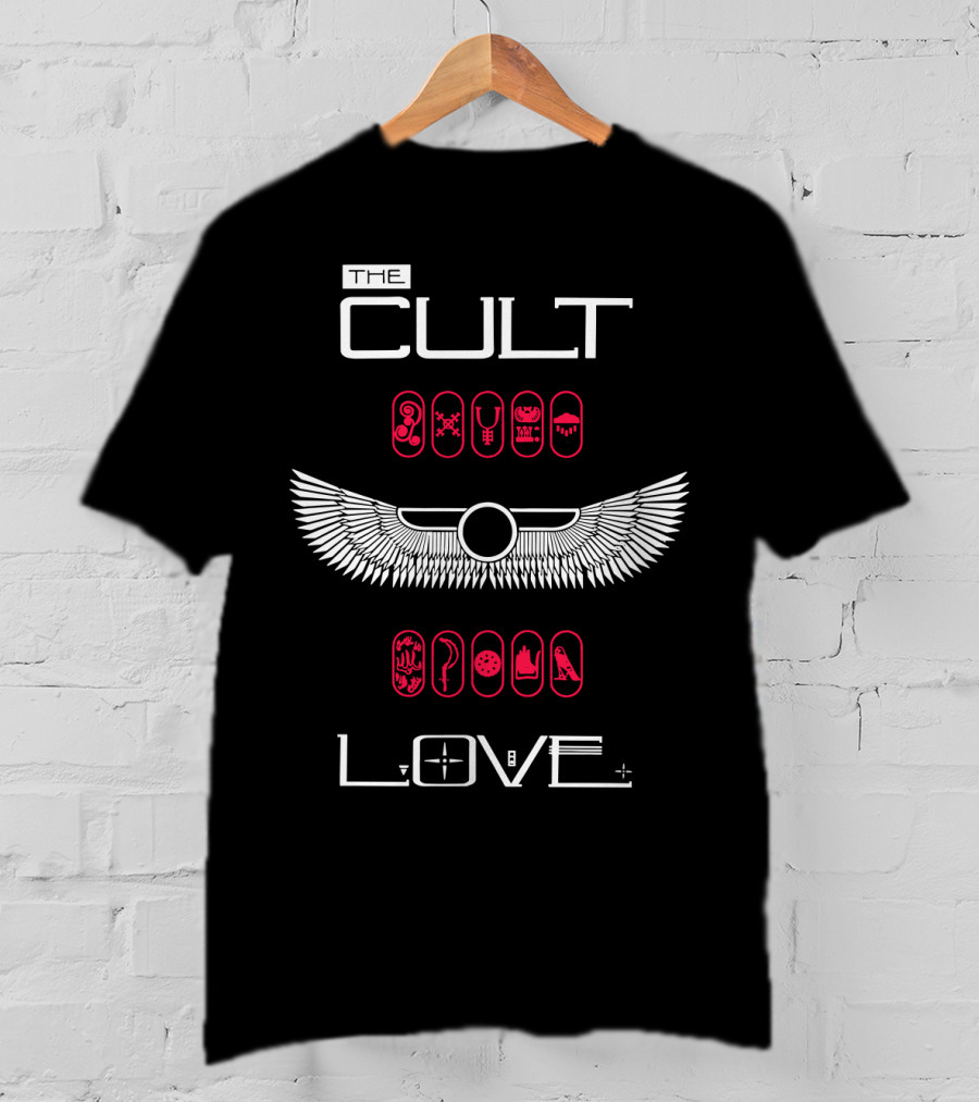 The Cult Love Album Egyptian Winged Symbols With Hieroglyphs Red And White T-Shirt