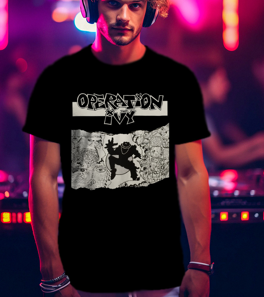Operation Ivy Energy Album Cover Black And White Silhouetted Figure And Doodle Art T-Shirt