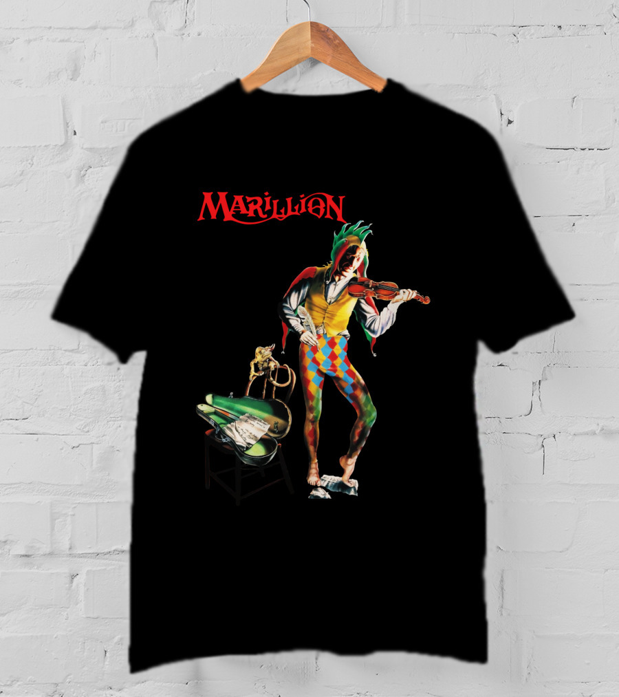 Marillion Script For A Jester's Tear Violin Playing Jester With Sheet Music And Harlequin Colors T-Shirt