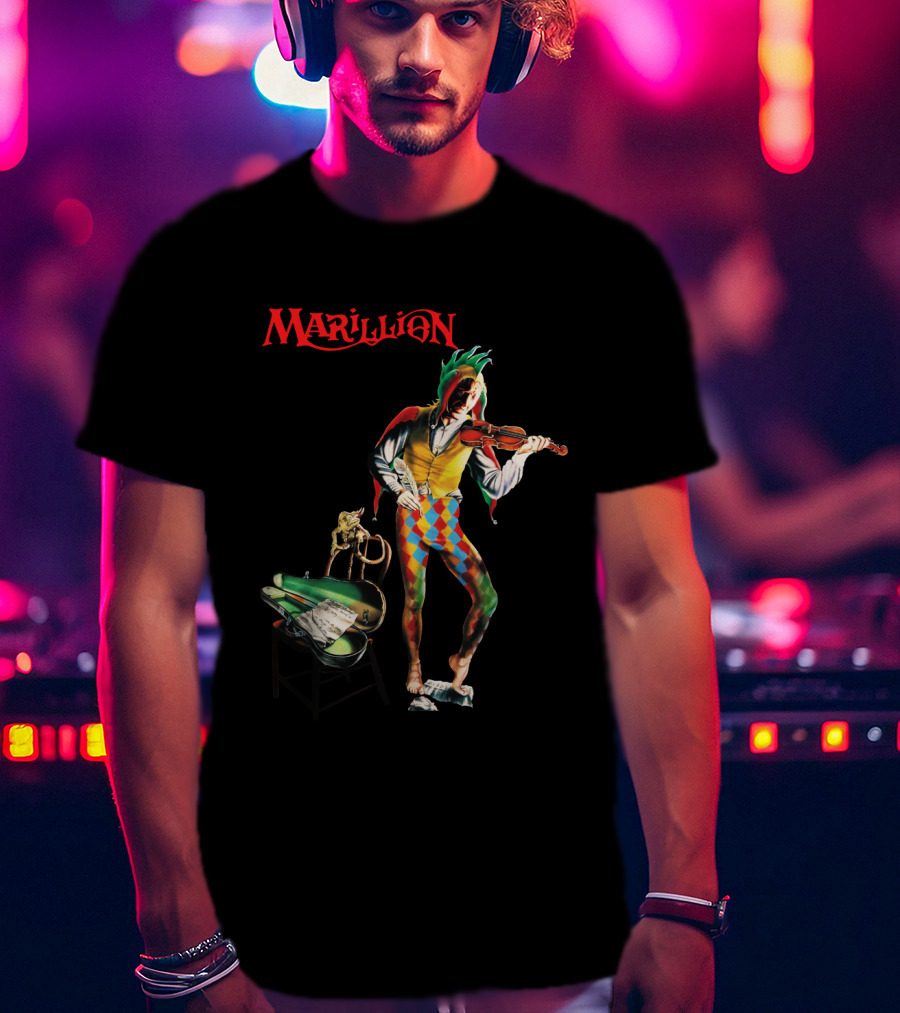 Marillion Script For A Jester's Tear Violin Playing Jester With Sheet Music And Harlequin Colors T-Shirt