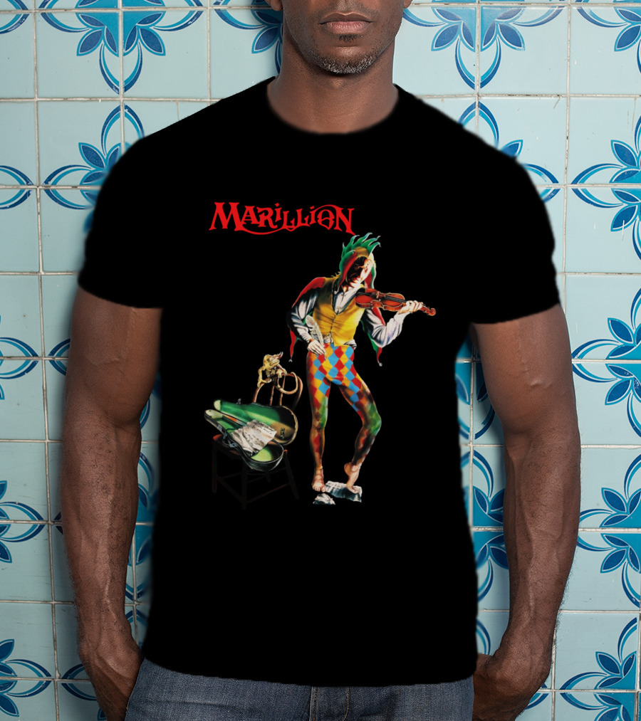 Marillion Script For A Jester's Tear Violin Playing Jester With Sheet Music And Harlequin Colors T-Shirt