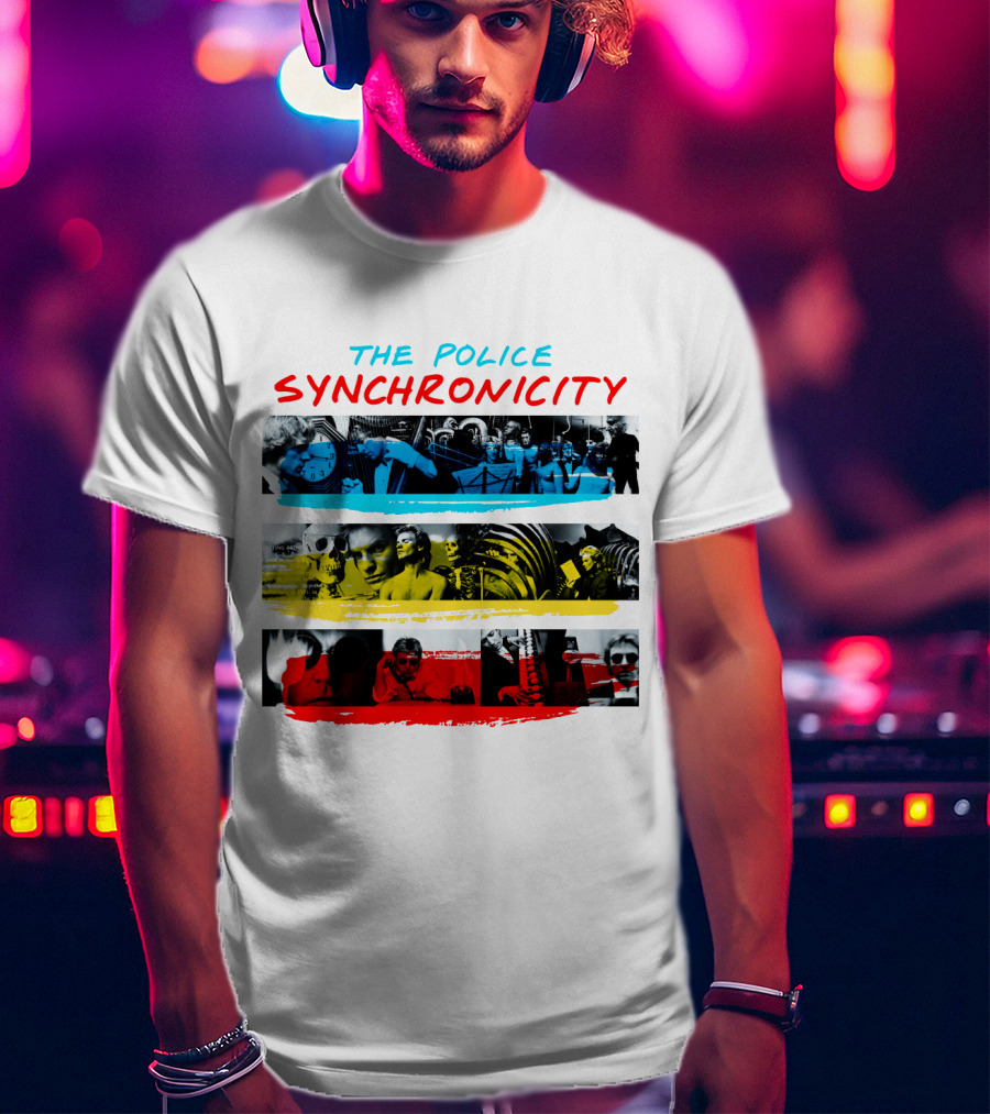 The Police Synchronicity Album Cover Art Blue Yellow Red Stripes T-Shirt