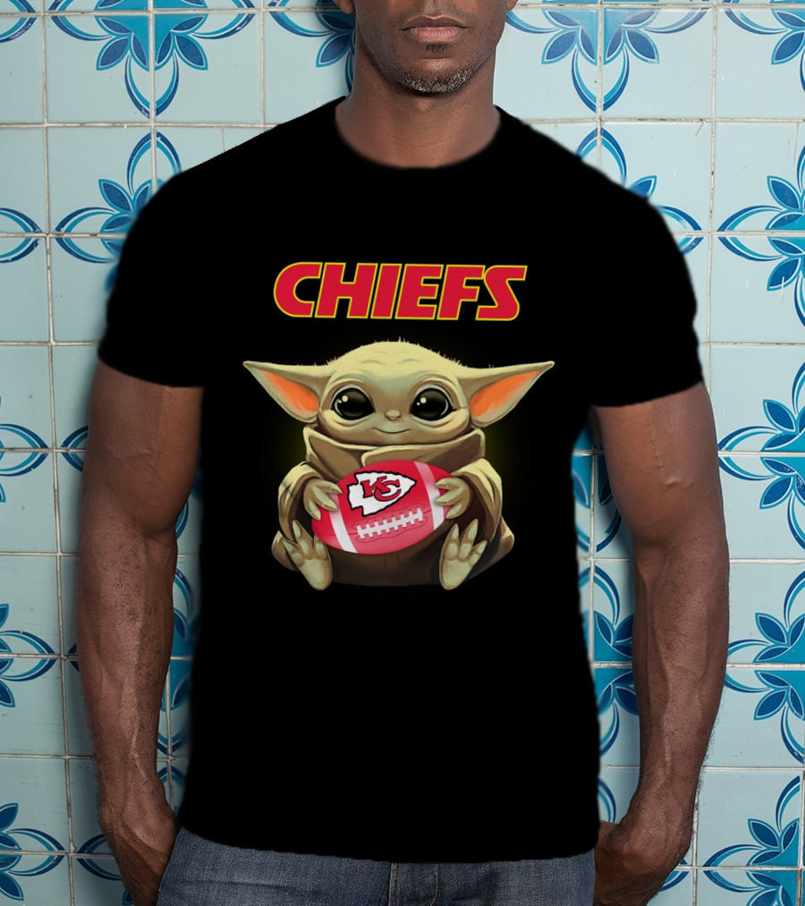 Chiefs Baby Yoda Holding Kansas City Football T-Shirt