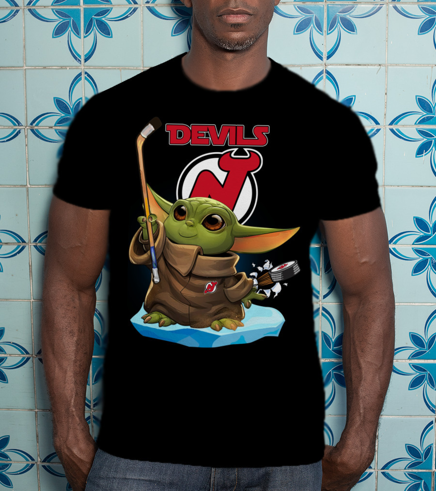 Baby Yoda New Jersey Devils Hockey Puck Lightsaber T-Shirt