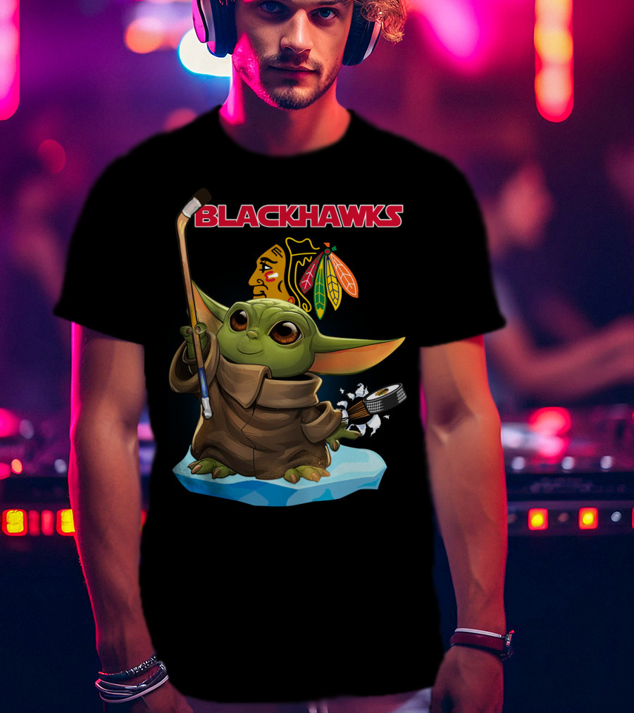 Chicago Blackhawks Baby Yoda NHL Hockey Star Wars Crossover T-Shirt