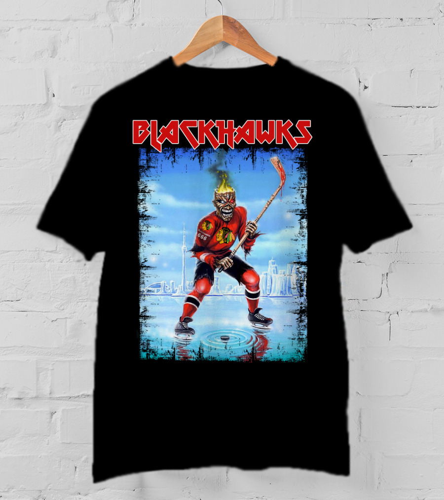 Blackhawks Chicago Ice Hockey Skeleton Figure Skating On Cityscape T-Shirt
