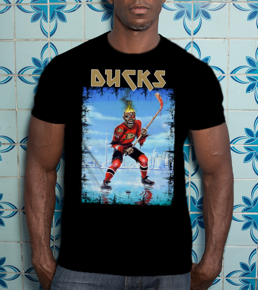 Anaheim Ducks Hockey Skeleton Warrior Skating On Ice T-Shirt